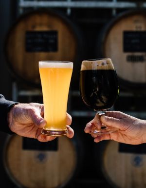 two people clinking their glasses filled with cold brew