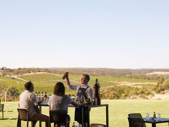 gin tasting with a view of the surrounding vineyards at Never Never Distillery, Mclaren Vale