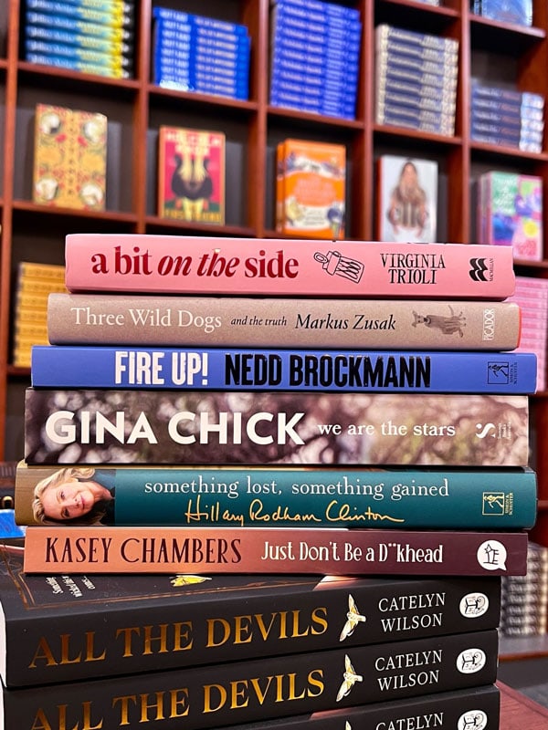 a stack of books at The Bookshop Bowral