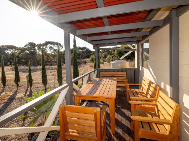 the outdoor deck of a cabin at BIG4 Port Willunga Tourist Park, McLaren Vale accommodation