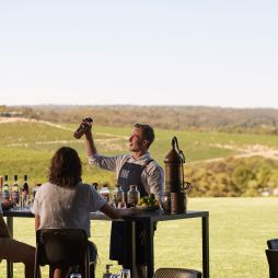 gin tasting with a view of the surrounding vineyards at Never Never Distillery, Mclaren Vale