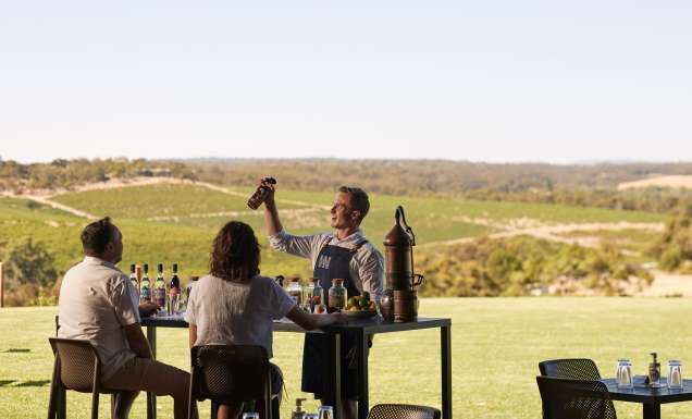 gin tasting with a view of the surrounding vineyards at Never Never Distillery, Mclaren Vale