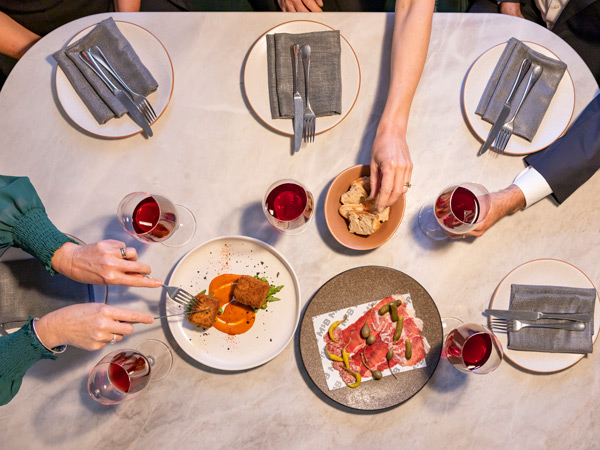 a table-top view of food and wine at Ms Batterhams, Bendigo