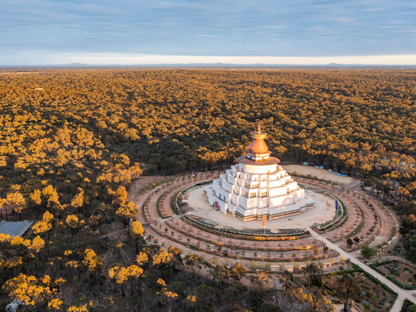 an aerial view of the Great Stupa of Universal Compassion, Bendigo