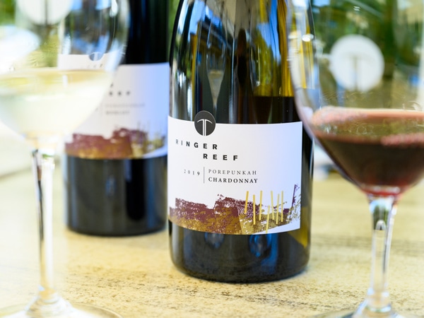 two bottles of wine at Ringer Reef Winery Porepunkah