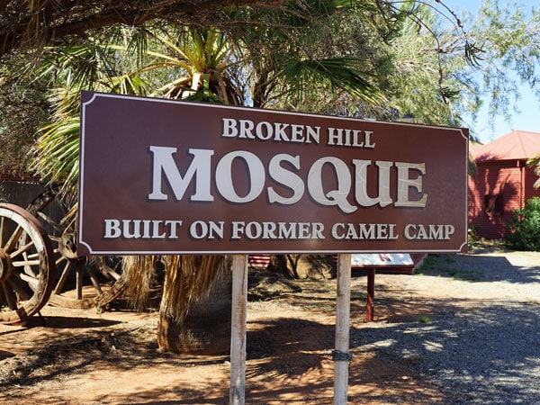 a signage saying Broken Hill Mosque was a former camel camp