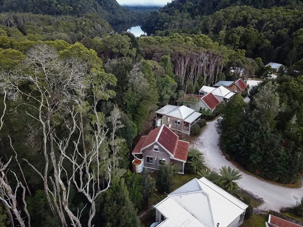 an aerial view of the houses in the Corinna Wilderness Village