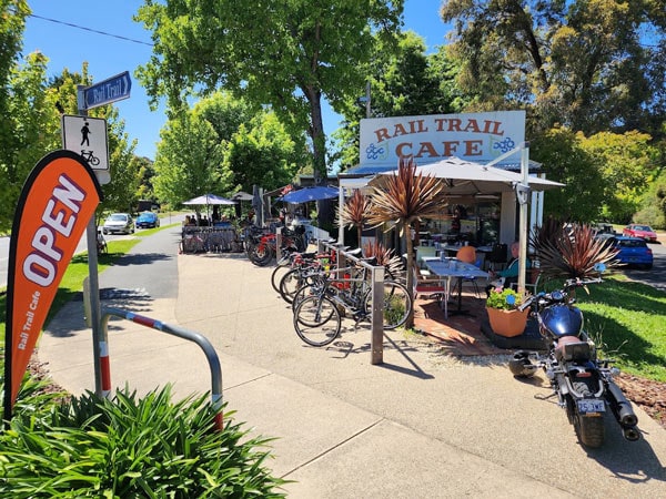 front of Rail Trail cafe in Bright with bicycles parked on the side