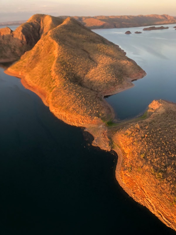an aerial shot of the 70 islands on Lake Argyle
