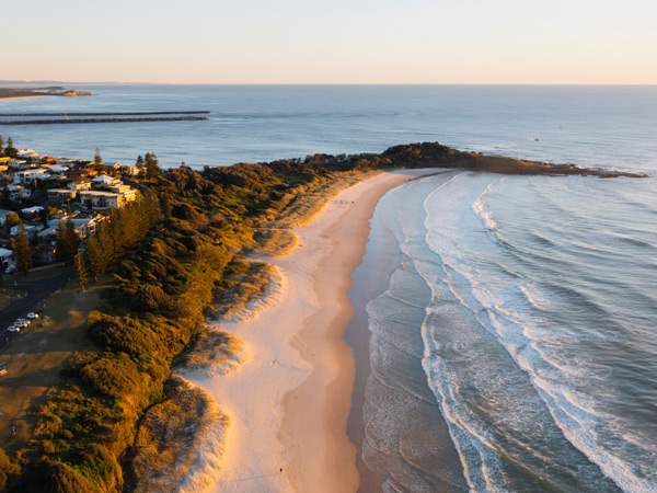 an aerial view of Pippi Beach, Yamba