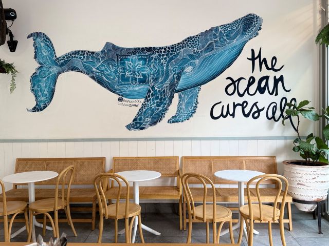 a mural of a whale by @annabellelouisethomas on a wall inside Shelly Park Shop