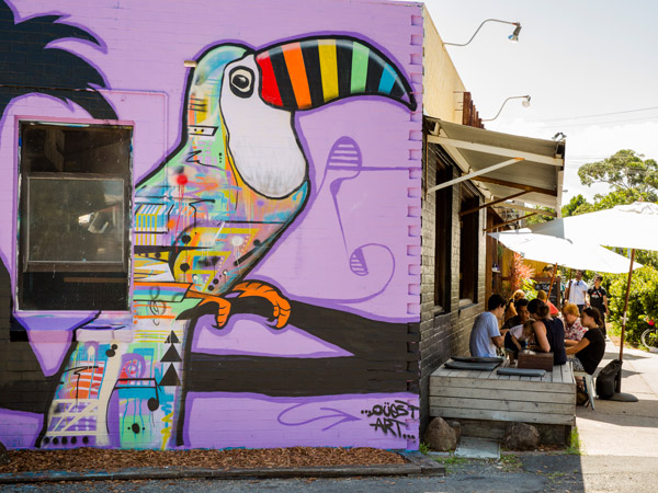 a colourful bird mural on the wall of Bayleaf Cafe, Byron Bay