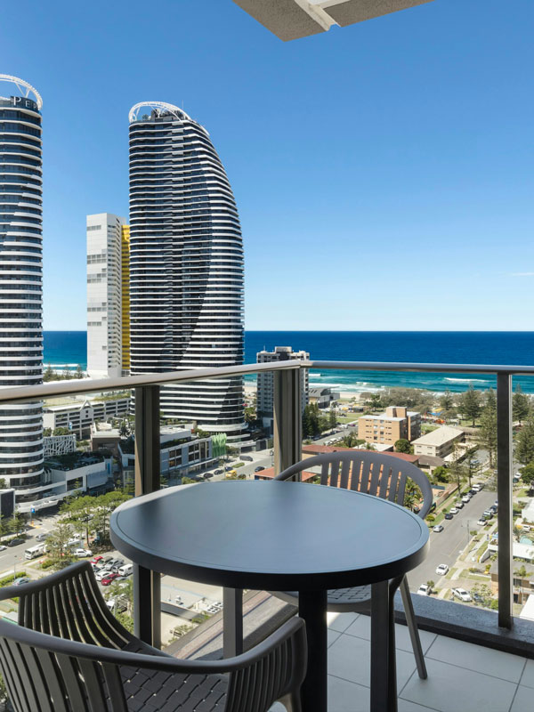 beach and city views from the blacony of Avani Broadbeach Residences, Broadbeach accommodation
