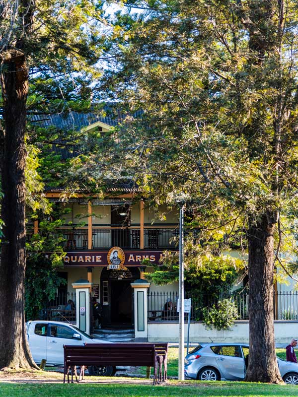 a historic building beneath tall trees at Macquarie Arms Hotel