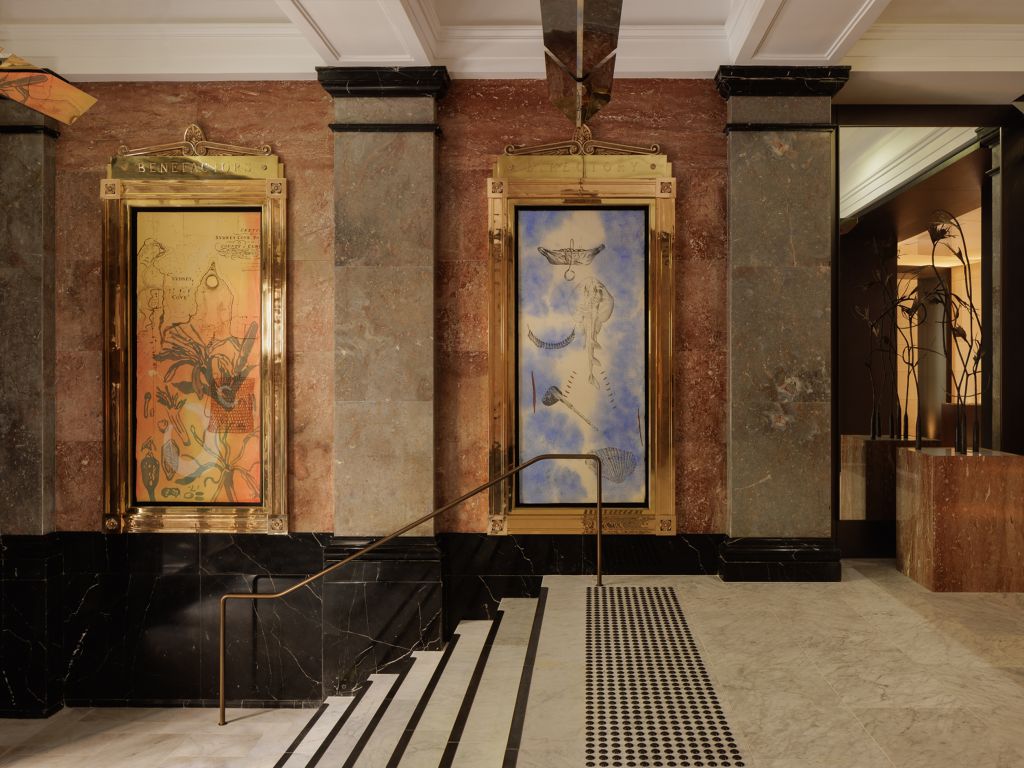 Art hanging in a historic hotel foyer