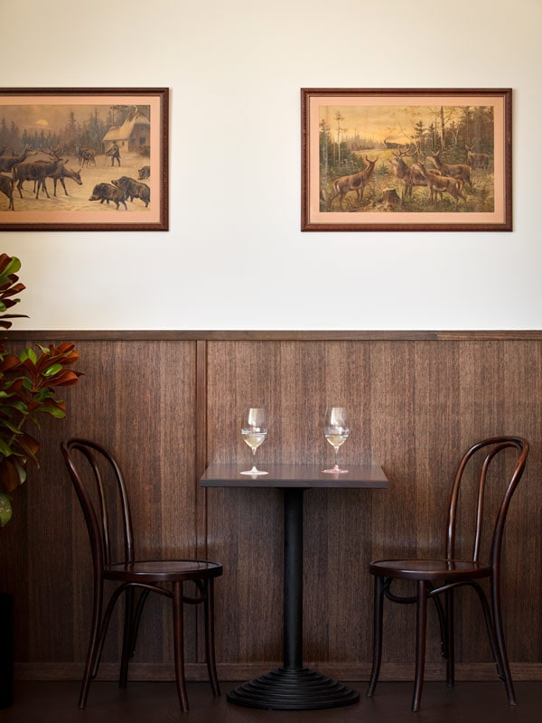 a dinner setup for two at Ellington’s Wine Bar