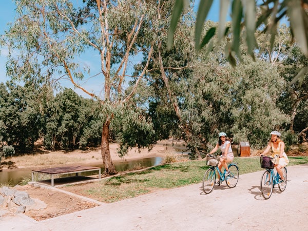 two women enjoying a day of cycling along the Wiradjuri Trail, Wagga Wagga
