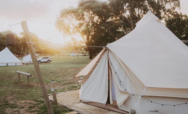 Exterior of Pine Country glamping tent in Mount Gambier
