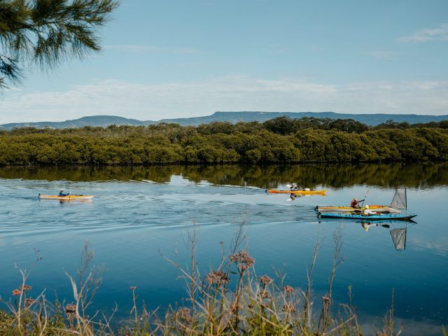 Friends kayaking on the Minnamurra River on the NSW South Coast