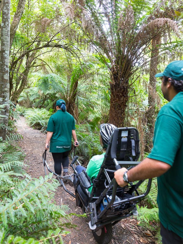 volunteers assisting guests with a TrailRider in Dandenong Ranges National Park