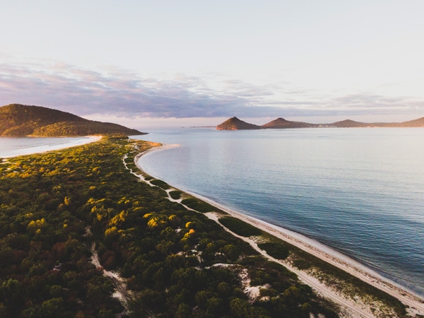 an aerial view of Bennetts Beach, Hawks Nest, Barrington Coast