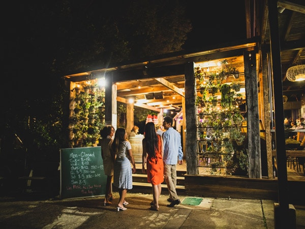 friends entering the Flow Bar in Boogie Woogie Beach House, Old Bar, Barrington Coast