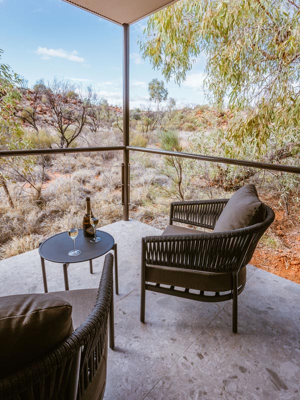 a balcony in one of the Red Centre resort’s deluxe suites