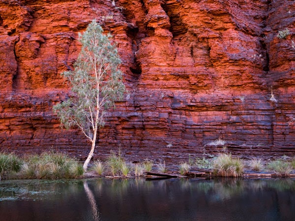 a red-orange rock landscape in Karijini National Park