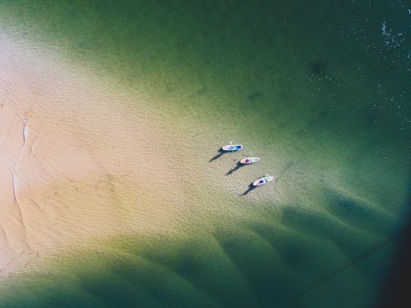 an overhead shot of people riding a stand-up paddle board along Wallis Lake, Forster
