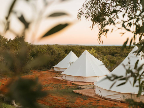 white tents at Sol Glamping Tent of Saturn Airbnb, Broome.