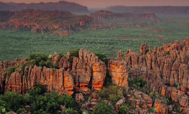 an aerial view of ancient and rugged layers of sandstone in Kakadu