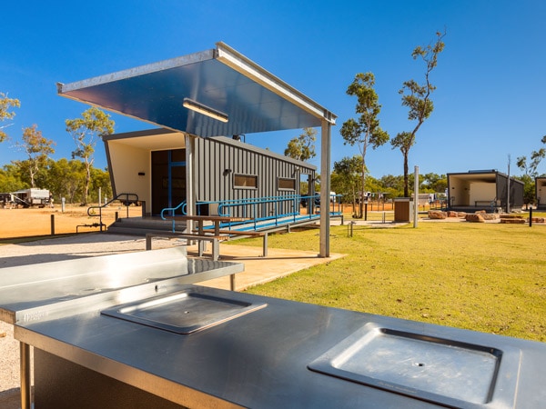 an outdoor communal cooking area at Djarindjin Campground, Broome