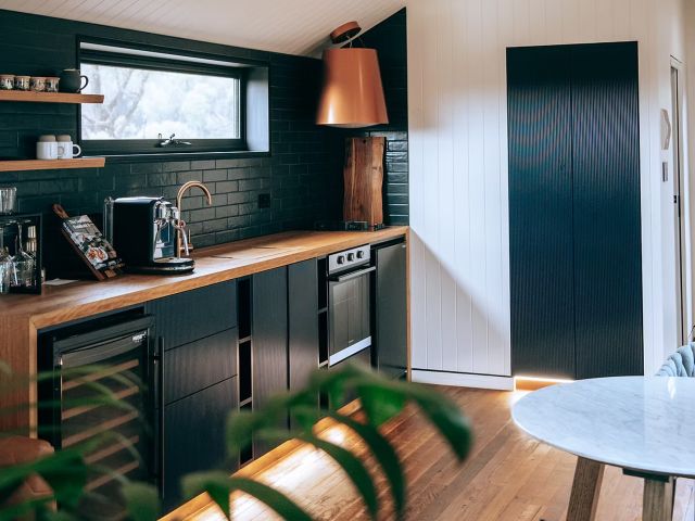 the kitchen inside The Truffle Farm cabin