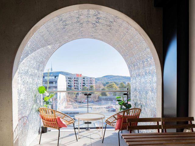 the arched balcony at Two Bedroom On Lonsdale Street, Braddon Airbnb