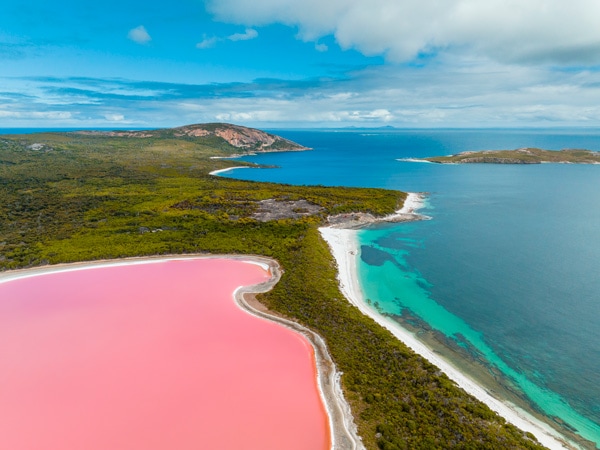 an aerial view of Lake Hillier, Middle Island, WA, instagrammable place in Australia