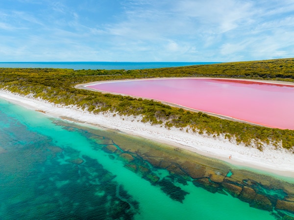 an aerial view of Lake Hillier, Middle Island, WA, instagrammable place in Australia