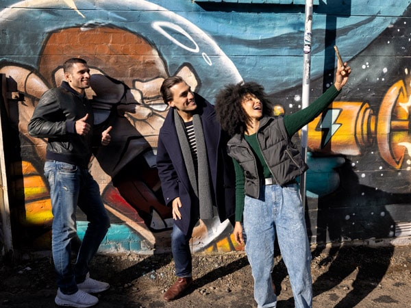 friends taking a selfie along the Street Art Walk, Katoomba