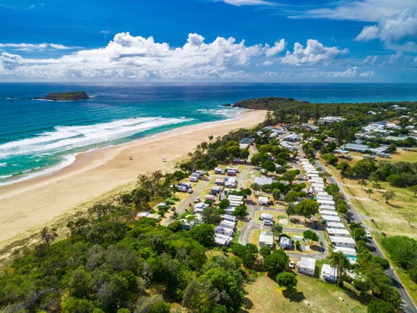 an aerial view of Tweed Holiday Parks at Kingscliff Beach 