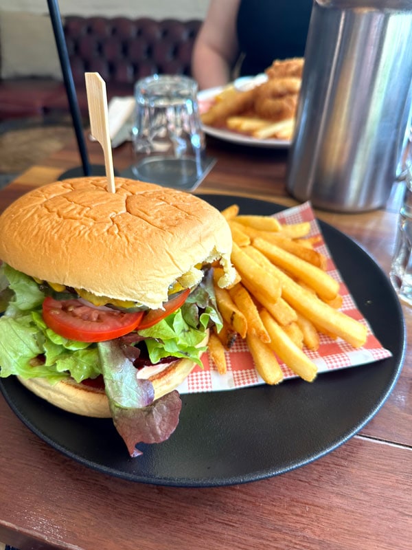 burger and fries at The Rockley Pub