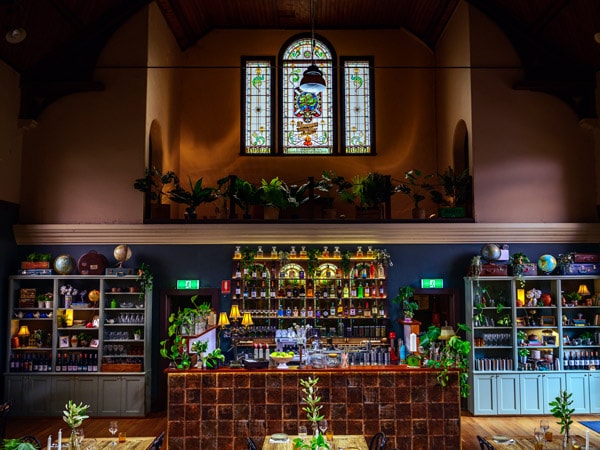 the classy church interior of Bowery Kitchen and Bar