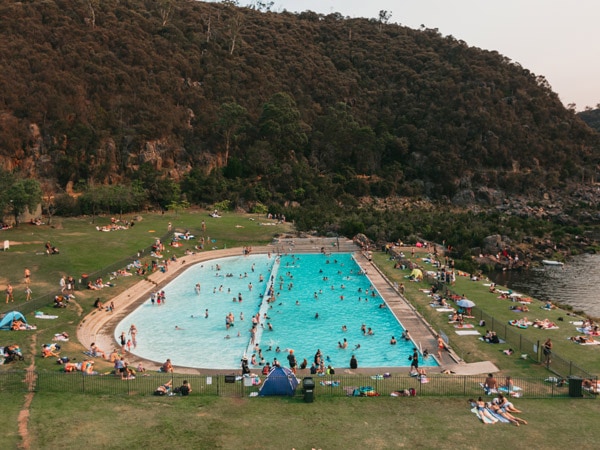 the crowded pool at Cataract Gorge