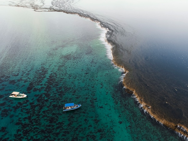 an aerial view of ships cruising along Cygnet Bay