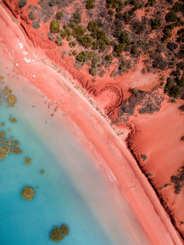 an aerial view of Roebuck Bay coastline in Broome, Western Australia