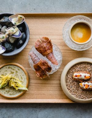 a table-top view of a sample food platter at Pipit Restaurant, Pottsville