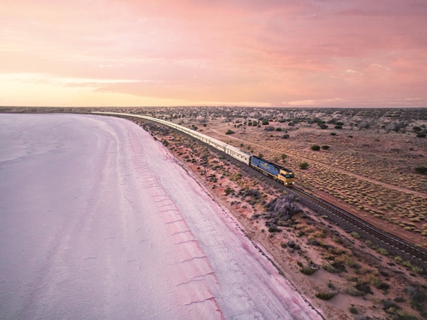 an aerial view of the iconic Indian Pacific travelling past Lake Hart