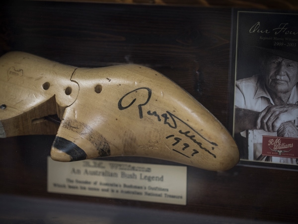 a wood shaped like a boot at at R.M. Williams Factory in Adelaide