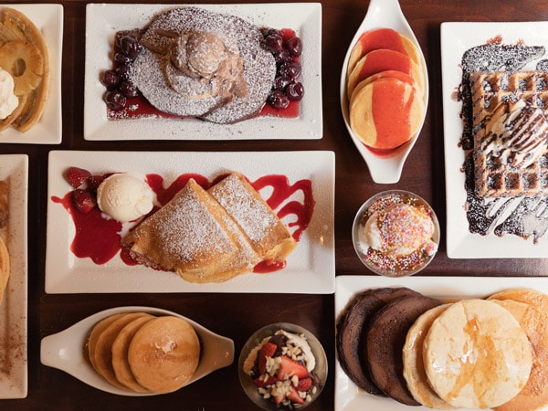 a table-top view of pancakes at The Pancake Manor, Brisbane Qld