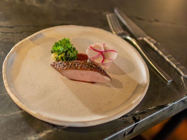 the signature red gate farm duck at EXP. Restaurant, Pokolbin
