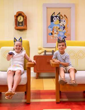 Kids in Bluey's living room at the all new Bluey's World in Brisbane