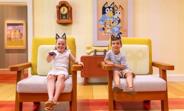 Kids in Bluey's living room at the all new Bluey's World in Brisbane